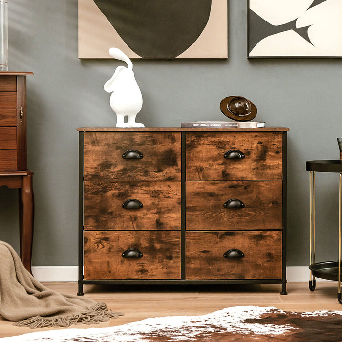 6 Fabric Drawer Storage Chest with Wooden Top-Rustic Brown