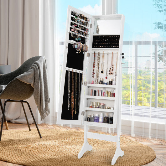 Adjustable Standing Jewelry Cabinet with Full Length Mirror-White