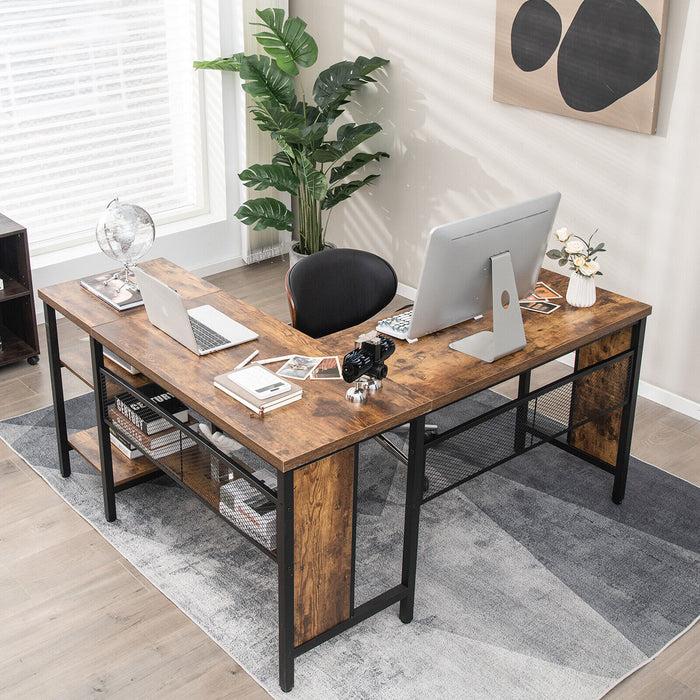 Industrial L-Shaped Corner Computer Desk Office Workstation with Storage Shelves-Rustic Brown