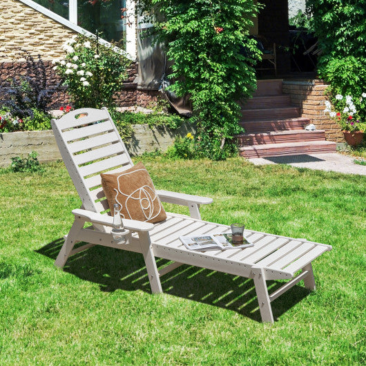 Weatherproof Patio Lounge Chair with Adjustable Back and Cup Holder-White