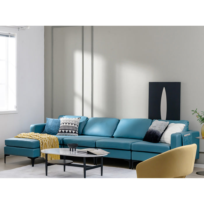 3-Seat Sectional Sofa Couch with Armrest Magazine Pocket and Metal Leg-Blue