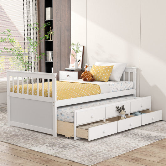 Twin Captainâ€™s Bed with Trundle and 3 Storage Drawers-White