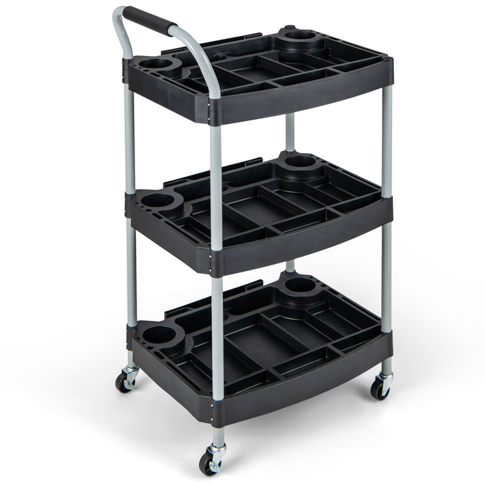 3 Layer Detailing Tool Utility Cart Tool Organizer Mobile Rolling Cart with Multiple Divider-Black