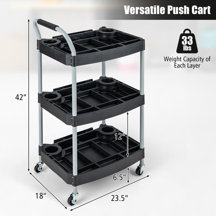 3 Layer Detailing Tool Utility Cart Tool Organizer Mobile Rolling Cart with Multiple Divider-Black