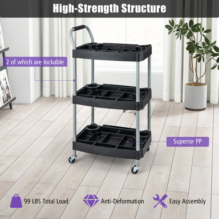 3 Layer Detailing Tool Utility Cart Tool Organizer Mobile Rolling Cart with Multiple Divider-Black