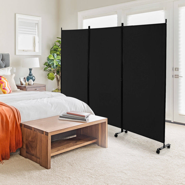 3 Panel Folding Room Divider with Lockable Wheels-Black