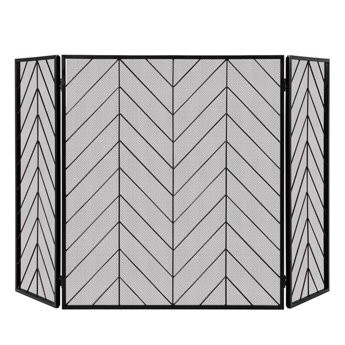 3-Panel Metal Foldable Fireplace Screen with Metal Mesh-Black