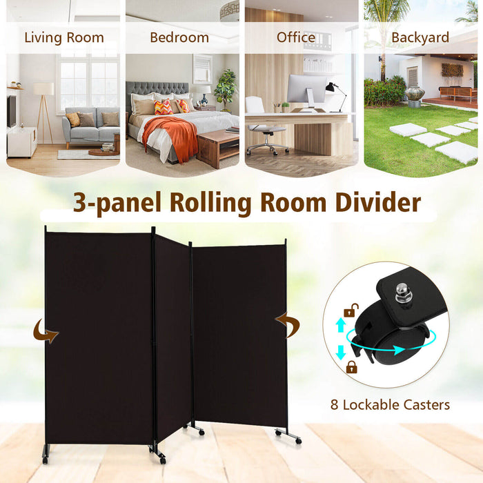 3 Panel Folding Room Divider with Lockable Wheels-Brown