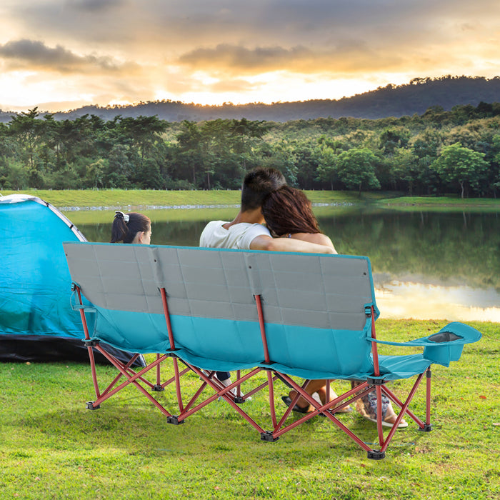 3 Person Folding Camping Chair with 2 Cup Holders Cotton Padding & Storage Bag-Blue