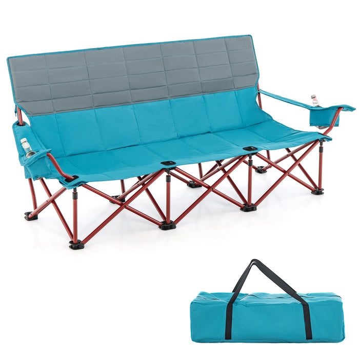 3 Person Folding Camping Chair with 2 Cup Holders Cotton Padding & Storage Bag-Blue