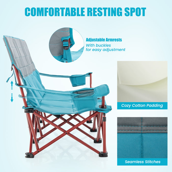 3 Person Folding Camping Chair with 2 Cup Holders Cotton Padding & Storage Bag-Blue