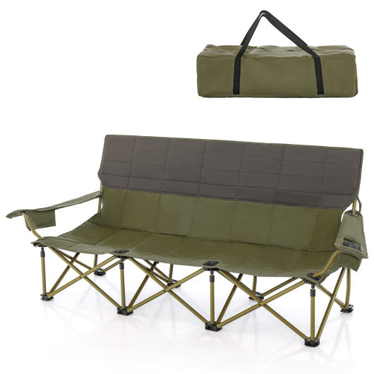 3 Person Folding Camping Chair with 2 Cup Holders Cotton Padding & Storage Bag-Green