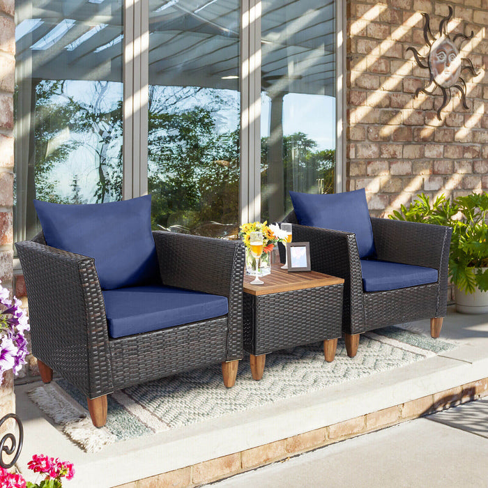 3 Pieces Patio Rattan Bistro Furniture Set with Wooden Table Top-Navy