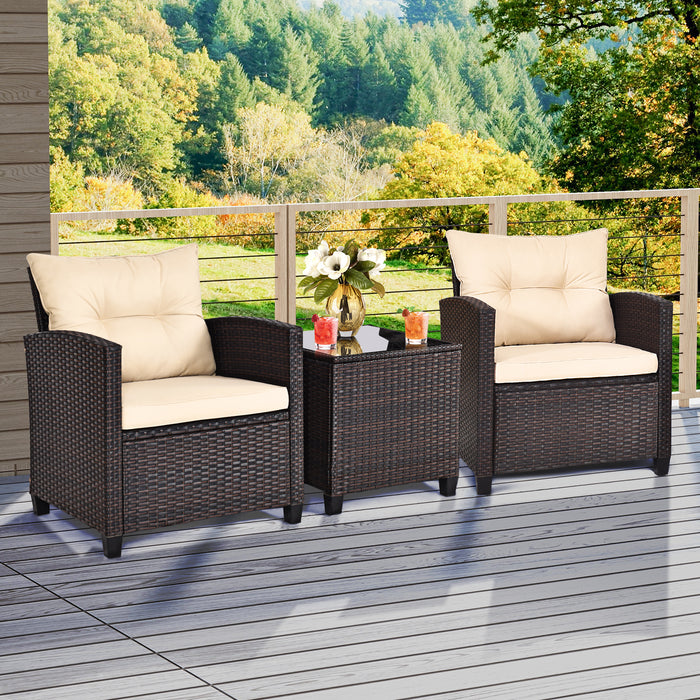 3 Pieces Patio Rattan Furniture Set with Washable Cushions and Tempered Glass Tabletop