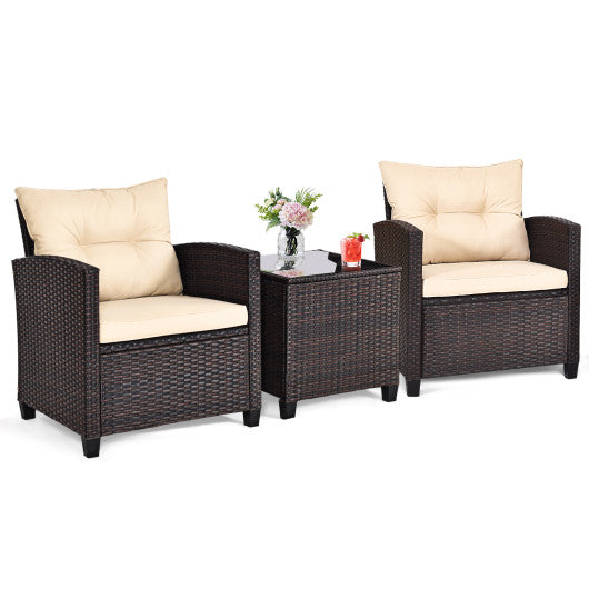 3 Pieces Patio Rattan Furniture Set with Washable Cushions and Tempered Glass Tabletop