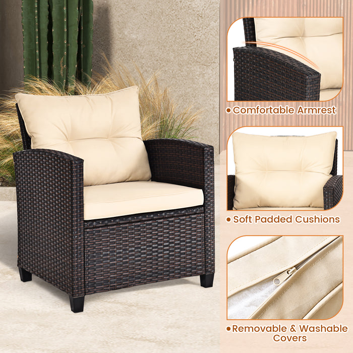 3 Pieces Patio Rattan Furniture Set with Washable Cushions and Tempered Glass Tabletop