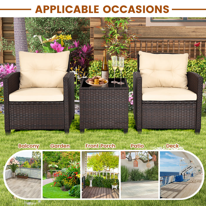 3 Pieces Patio Rattan Furniture Set with Washable Cushions and Tempered Glass Tabletop