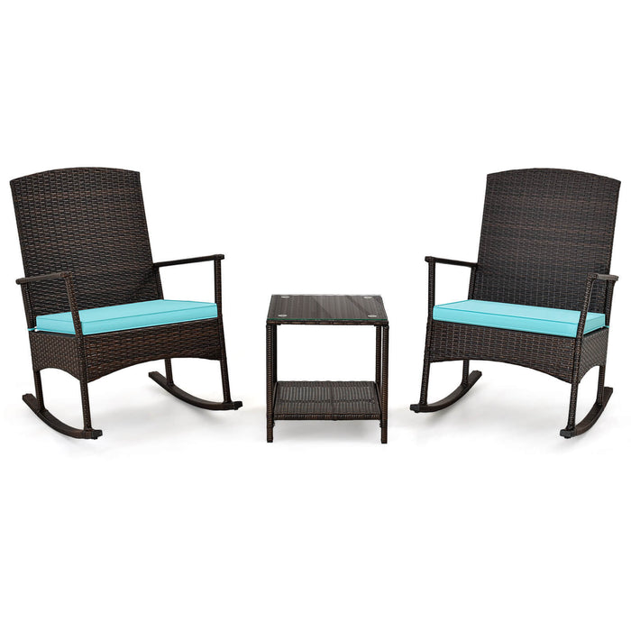 3 Piece Patio Rocking Set Wicker Rocking Chairs with 2-Tier Coffee Table-Turquoise