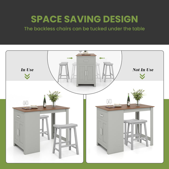 3-Piece Bar Table Set for 2 with 2 Saddle Stools for Dining Room-Gray