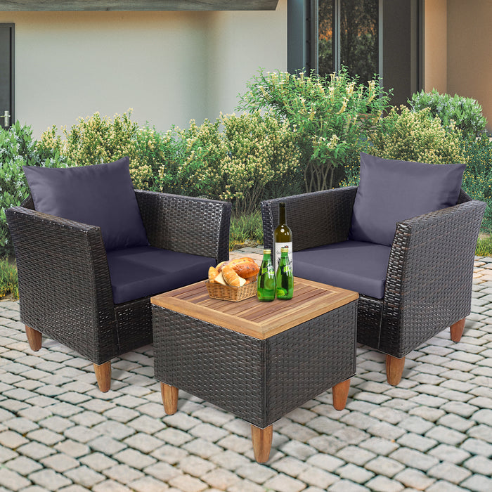 3 Pieces Outdoor Patio Wicker Furniture Set with Cushions and Acacia Wood Coffee Table-Gray