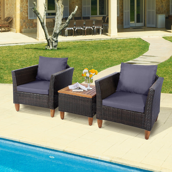 3 Pieces Outdoor Patio Wicker Furniture Set with Cushions and Acacia Wood Coffee Table-Gray