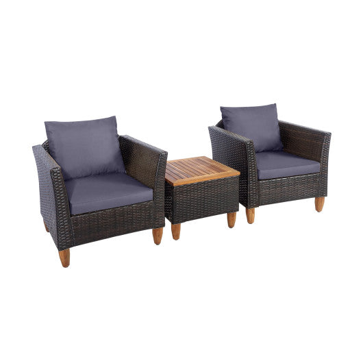 3 Pieces Outdoor Patio Wicker Furniture Set with Cushions and Acacia Wood Coffee Table-Gray