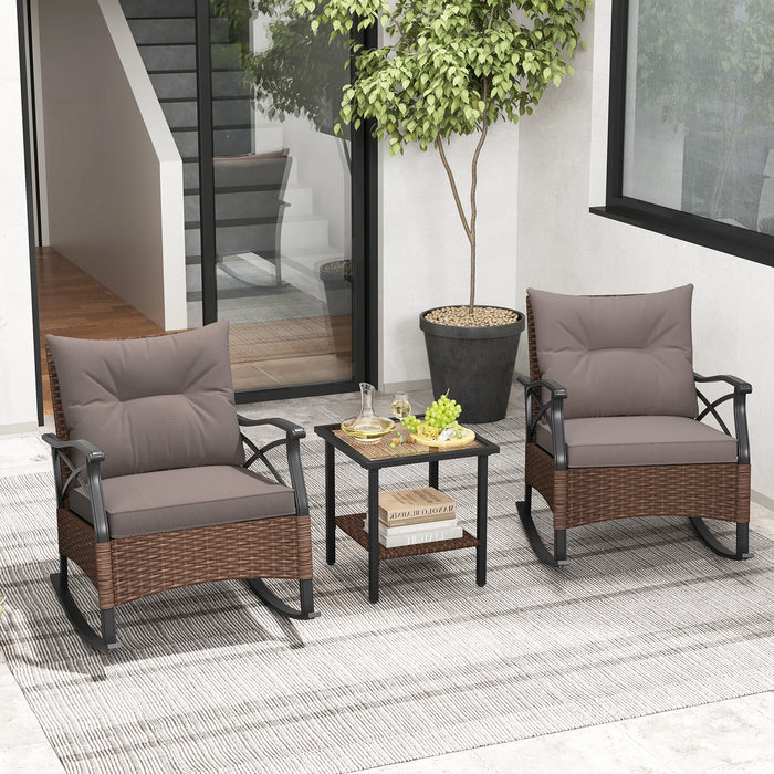 3 Pieces Outdoor Rattan Rocking Chairs Set with  2-Tier Side Table for Garden Backyard-Brown