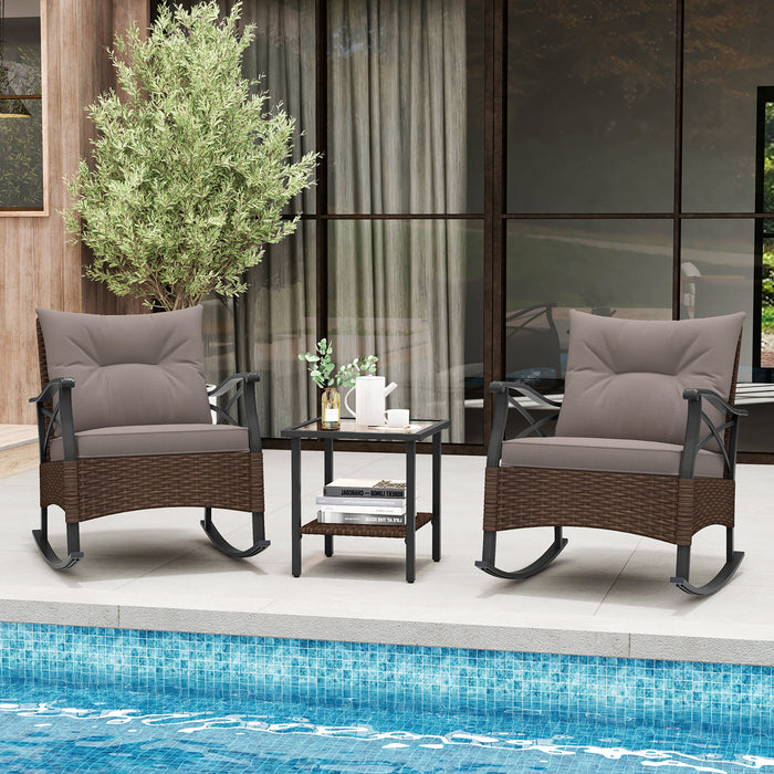 3 Pieces Outdoor Rattan Rocking Chairs Set with  2-Tier Side Table for Garden Backyard-Brown