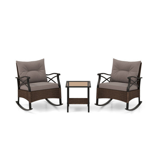 3 Pieces Outdoor Rattan Rocking Chairs Set with  2-Tier Side Table for Garden Backyard-Brown