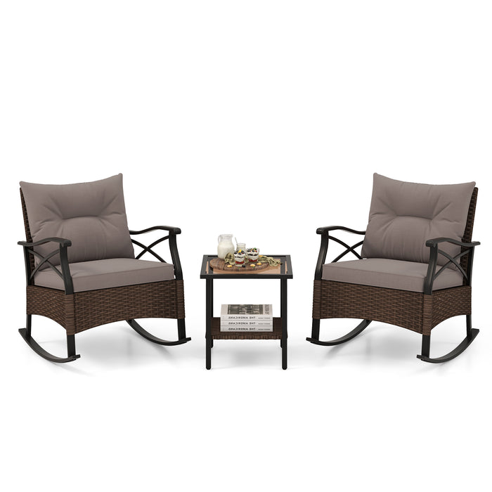 3 Pieces Outdoor Rattan Rocking Chairs Set with  2-Tier Side Table for Garden Backyard-Brown