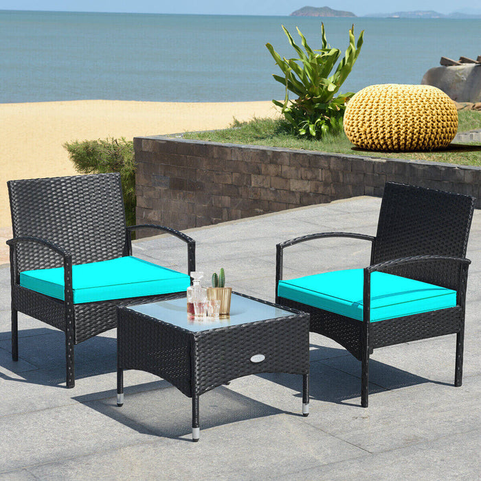 3 Pieces Patio Wicker Rattan Furniture Set with Cushion for Lawn Backyard-Turquoise