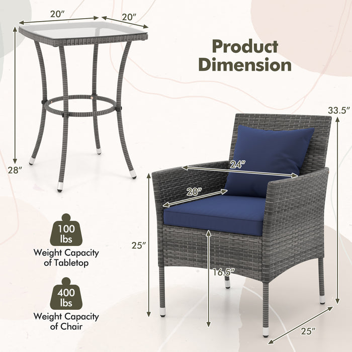 3 Pieces Patio Furniture Set with Cushioned Patio Chairs and Tempered Glass Coffee Table-Navy