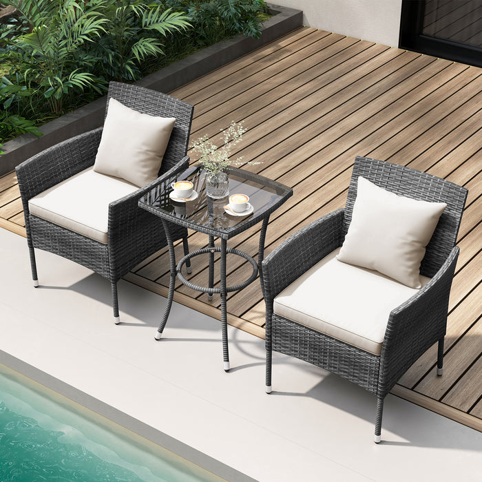 3 Pieces Patio Furniture Set with Cushioned Patio Chairs and Tempered Glass Coffee Table-White