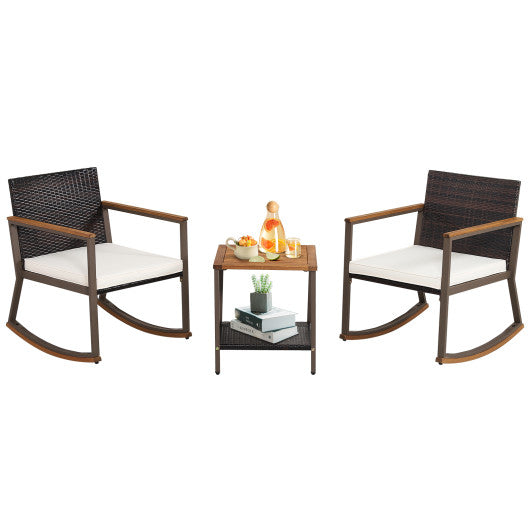 3 Pieces Rattan Rocking Bistro Set with Coffee Table and Cushions-Off White