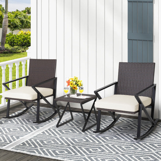 3 Piece Patio Wicker Rocking Chairs Set with Heavy-Duty Metal Frame