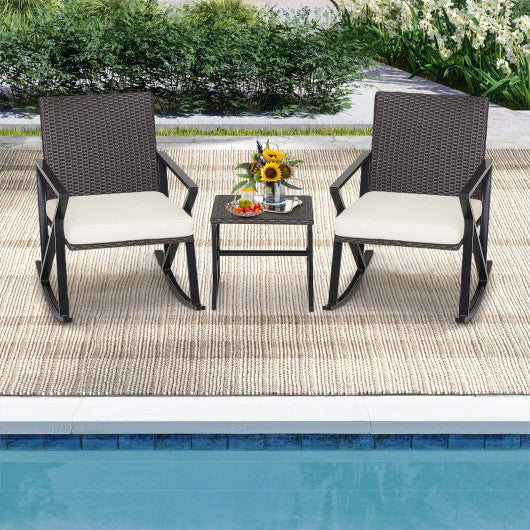 3 Piece Patio Wicker Rocking Chairs Set with Heavy-Duty Metal Frame