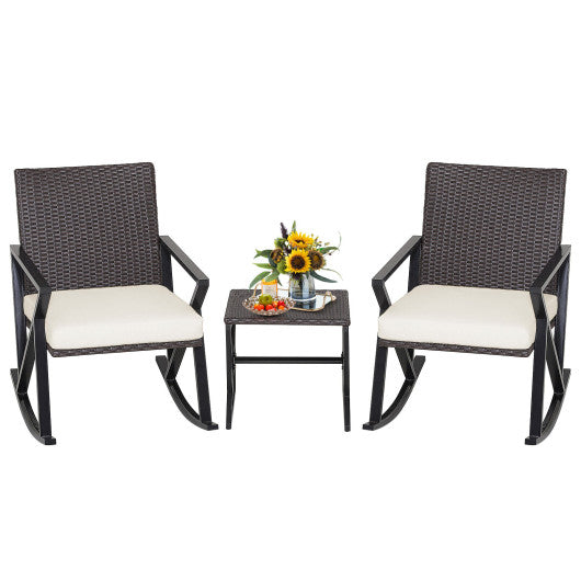 3 Piece Patio Wicker Rocking Chairs Set with Heavy-Duty Metal Frame