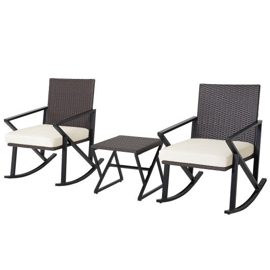 3 Piece Patio Wicker Rocking Chairs Set with Heavy-Duty Metal Frame