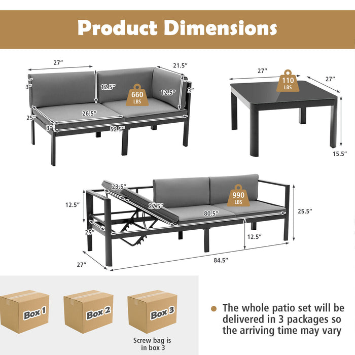 3 Pieces Aluminum Patio Furniture Set with 6-Level Adjustable Backrest-Gray