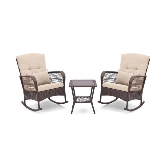 3 Pieces Rocking Bistro Set with 2-Tier Coffee Table-Brown