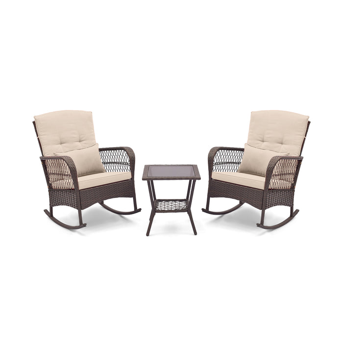 3 Pieces Rocking Bistro Set with 2-Tier Coffee Table-Brown