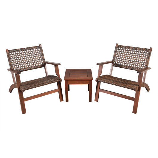 3 Pieces Outdoor Wooden Patio Rattan Furniture Set