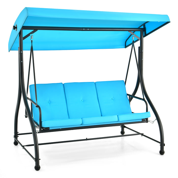 3 Seat Outdoor Porch Swing with Adjustable Canopy-Blue