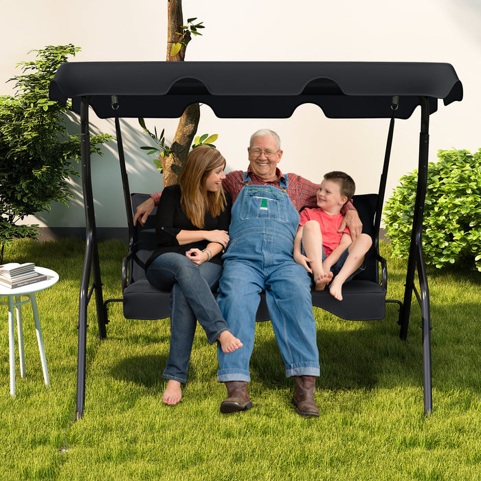 3 Seat Outdoor Patio Canopy Swing with Cushioned Steel Frame-Black