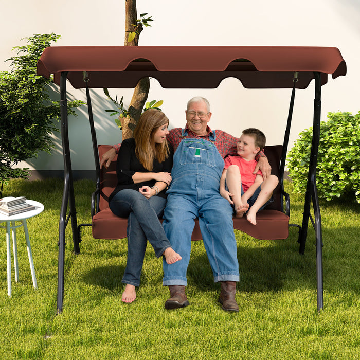 3 Seat Outdoor Patio Canopy Swing with Cushioned Steel Frame-Brown