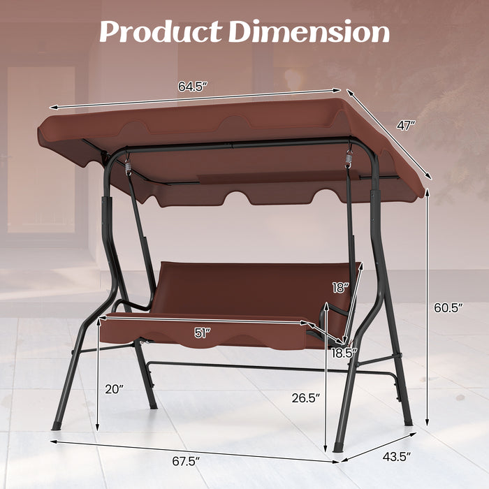 3 Seat Outdoor Patio Canopy Swing with Cushioned Steel Frame-Brown