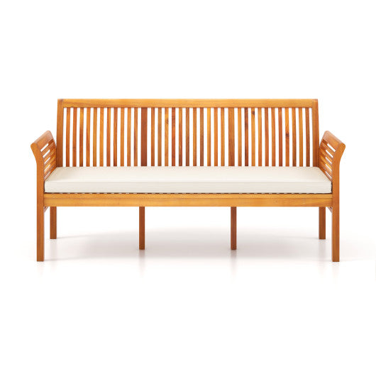 62.5 Inches Patio 3-Seat Wood Bench with Soft Seat Cushions-White