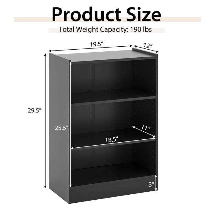 3-Tier Bookcase Open Display Rack Cabinet with Adjustable Shelves-Black