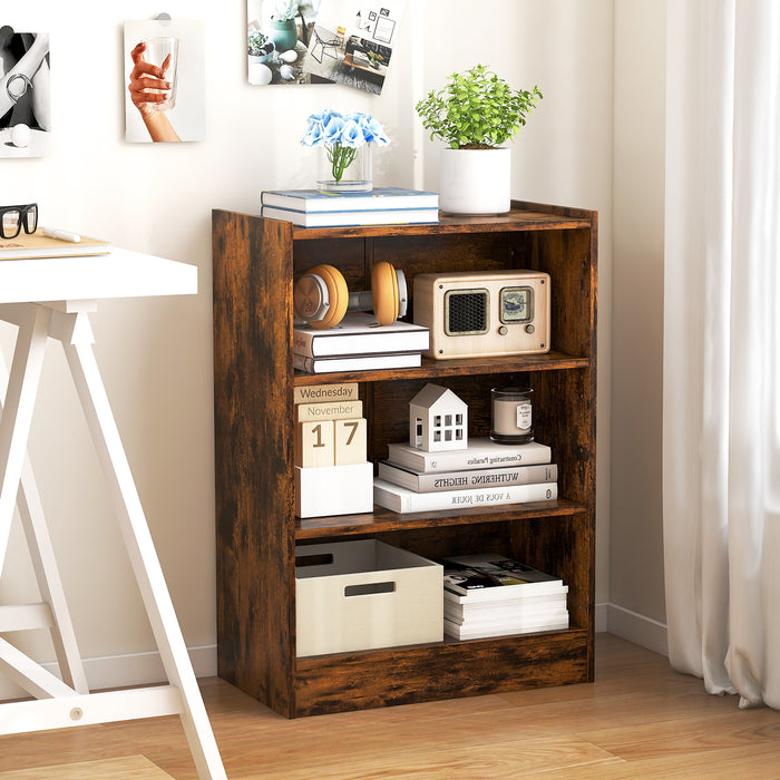 3-Tier Bookcase Open Display Rack Cabinet with Adjustable Shelves-Rustic Brown