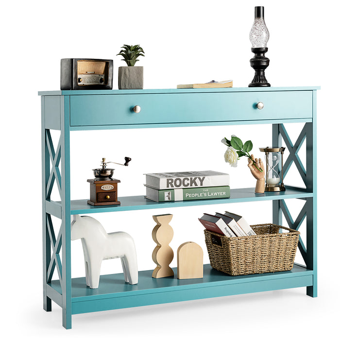 Console Table 3-Tier with Drawer and Storage Shelves-Turquoise